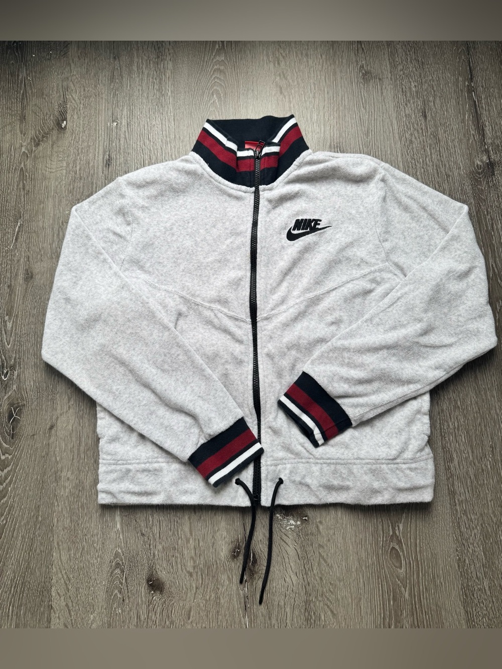 Nike Terry Cloth Full Zip Jacket Small Light Gray Retro Red & Navy Stripe Trim